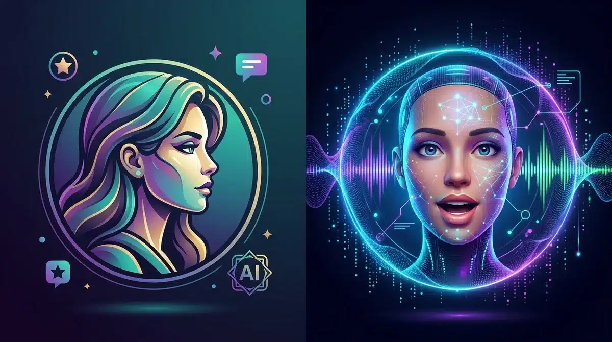 Illustration comparant un avatar IA statique et une tête animée 3D avec effets technologiques néon.
