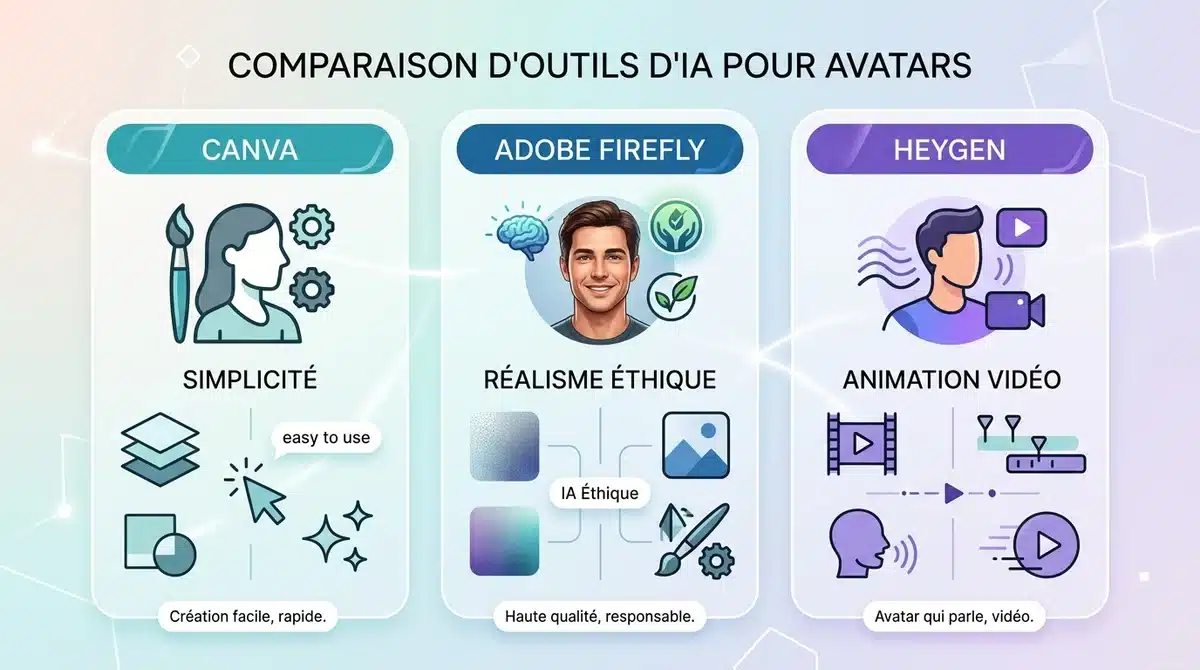 Infographie comparative d'outils d'avatar IA : Canva, Adobe Firefly et HeyGen pour la création et l'animation.