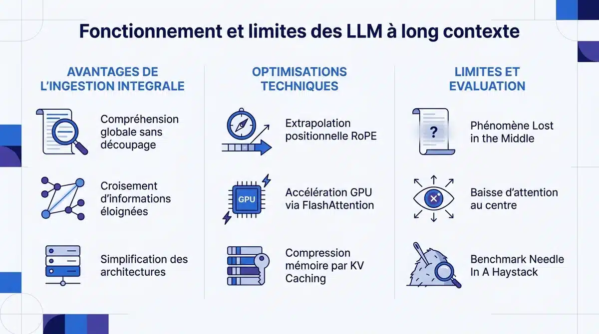 Infographie sur le fonctionnement des LLM a long contexte, leurs optimisations techniques et leurs limites.