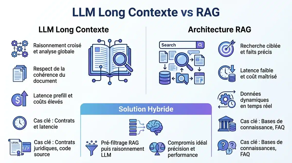 Infographie comparative entre LLM à long contexte et architecture RAG : critères de choix, coûts et cas d'usage.
