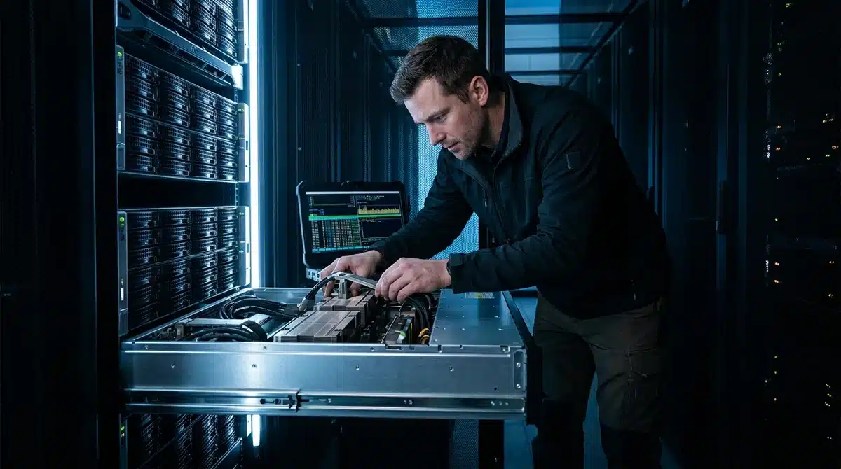 Ingénieur système travaillant sur un serveur GPU haute performance dans un centre de données pour LLM à long contexte.