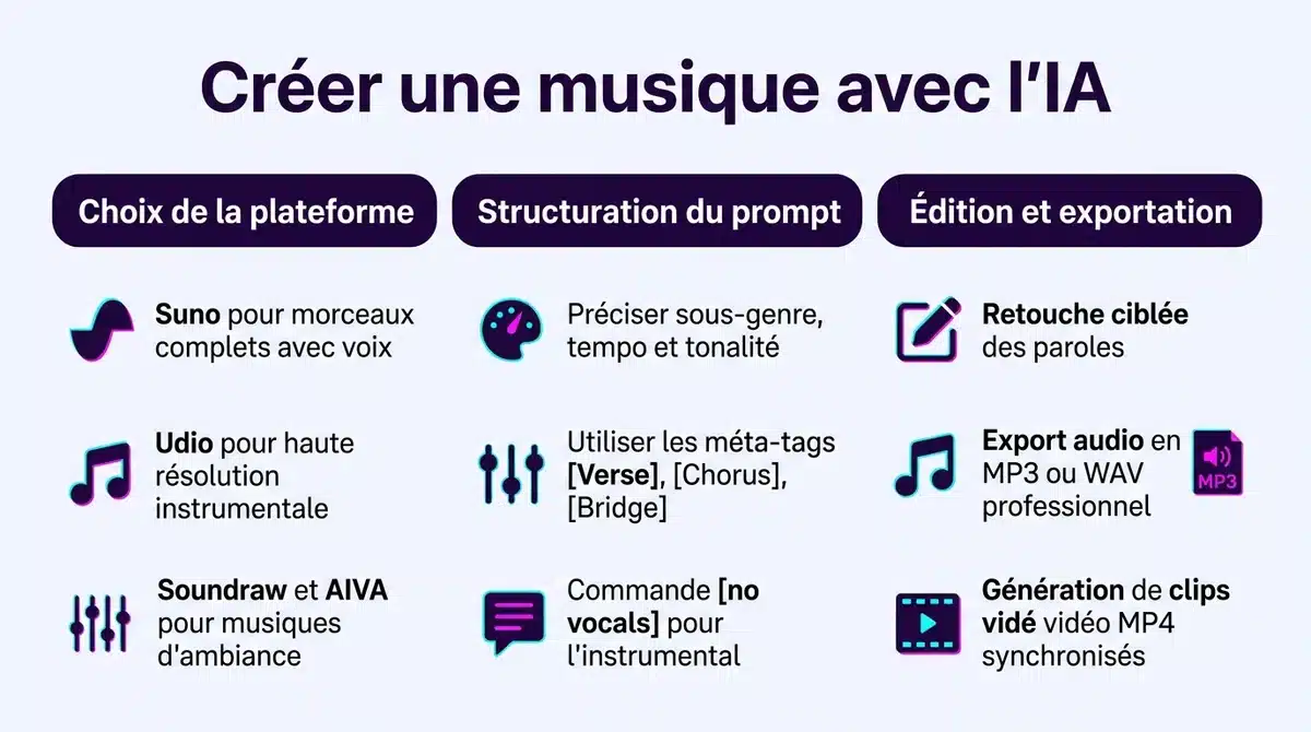 Infographie expliquant les étapes pour créer une musique par IA du prompt à l export MP3 et MP4