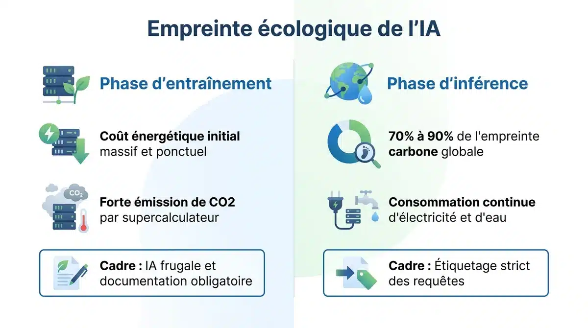 Infographie comparative montrant l'empreinte écologique de l'IA entre la phase d'entraînement et l'inférence.