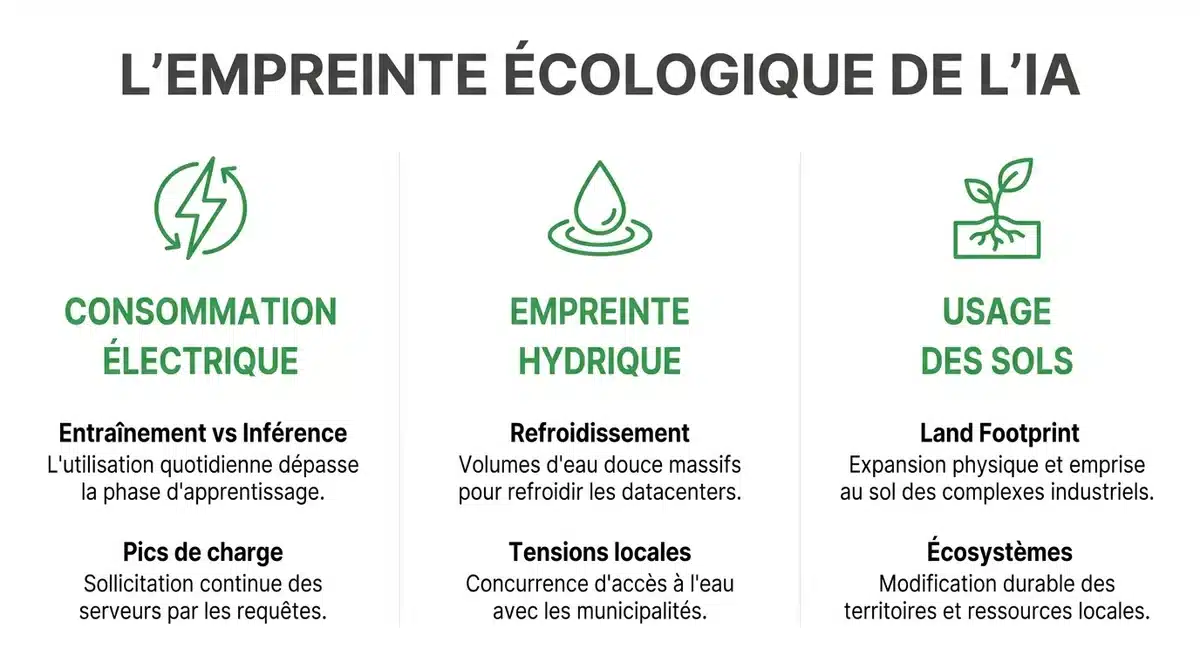 Infographie sur l'impact environnemental de l'IA : électricité, empreinte hydrique et usage des sols des datacenters.