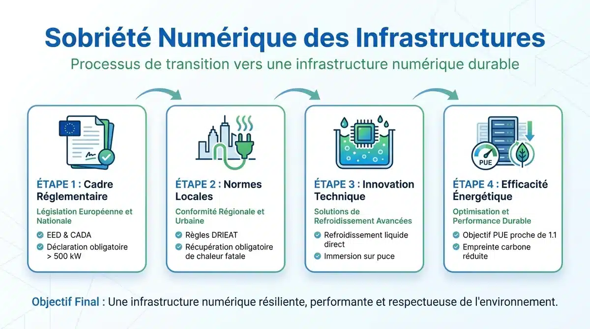 Infographie sur la transition vers la sobriété numérique et la réglementation de l'IA en 2026.