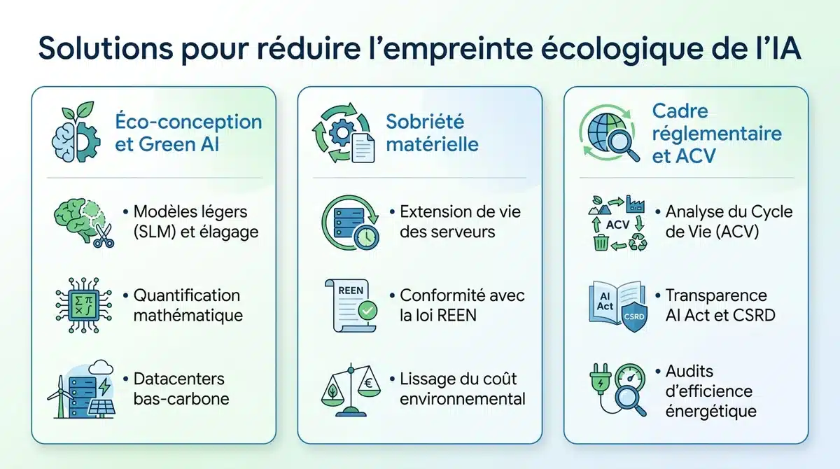 Infographie présentant les solutions pour réduire l'empreinte écologique de l'IA : éco-conception, sobriété et réglementation.