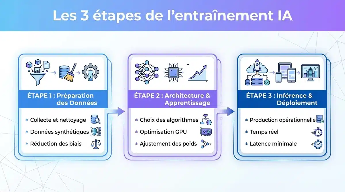 Infographie des 3 étapes clés de l'entraînement IA : préparation des données, apprentissage et inférence.