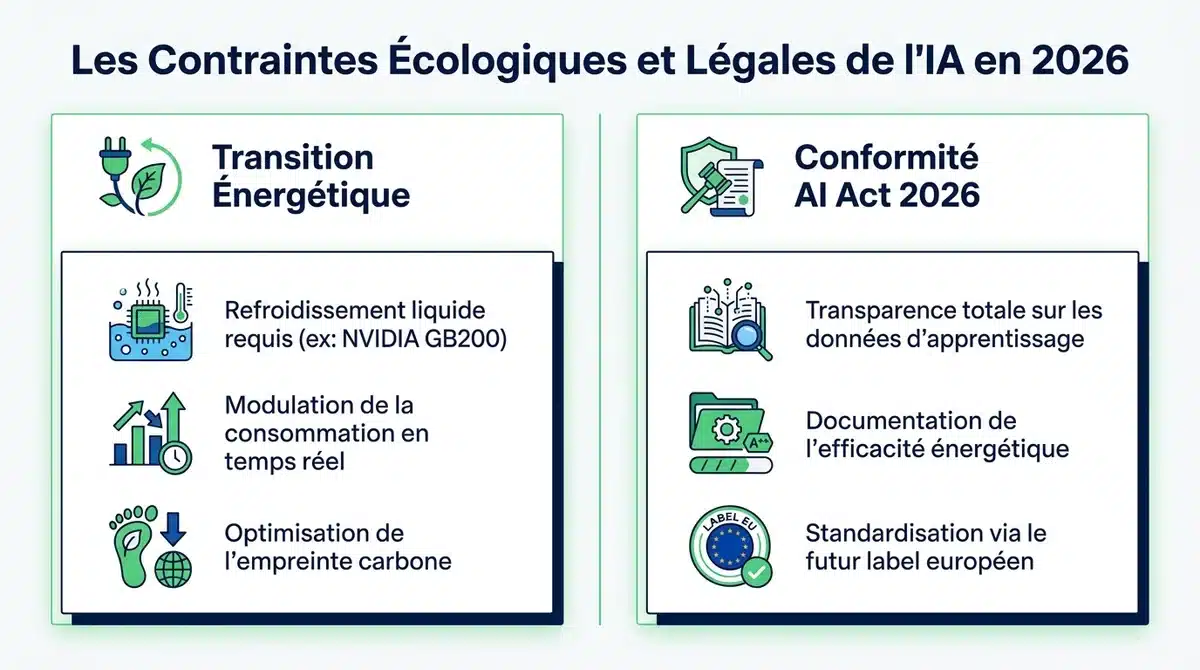 Infographie sur les défis énergétiques et réglementaires de l'entraînement IA en 2026 avec l'AI Act.
