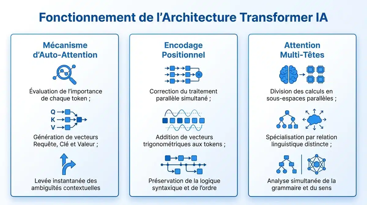 Infographie explicative sur l'architecture Transformer IA : auto-attention, encodage positionnel et attention multi-têtes.