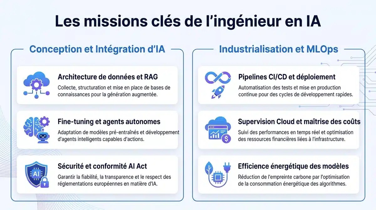Infographie des missions d'un ingénieur IA : conception d'agents, MLOps, RAG et supervision en production.