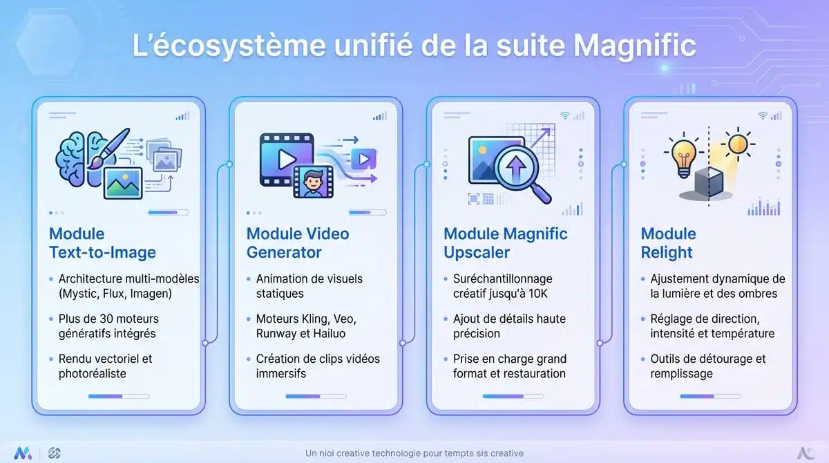 Infographie explicative des 4 modules de la suite Freepik AI Magnific : Text-to-Image, Vidéo, Upscaler et Relight.