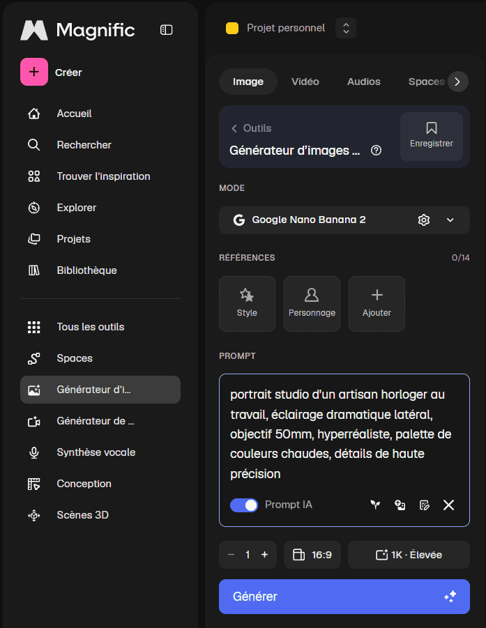 Interface de Freepik AI pour générer une image avec le modèle Nano Banana 2