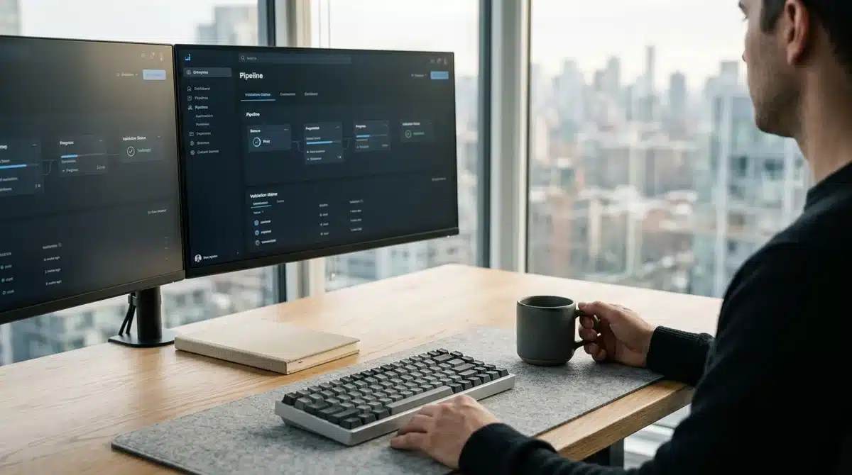 Bureau moderne et minimaliste avec double écran pour comprendre le fonctionnement d'un agent IA