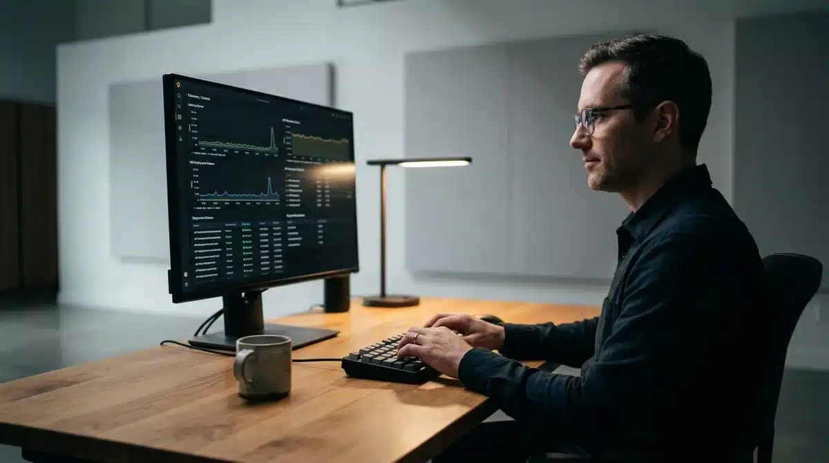 Ingenieur cloud travaillant sur la configuration des API Google Cloud dans un bureau minimaliste.