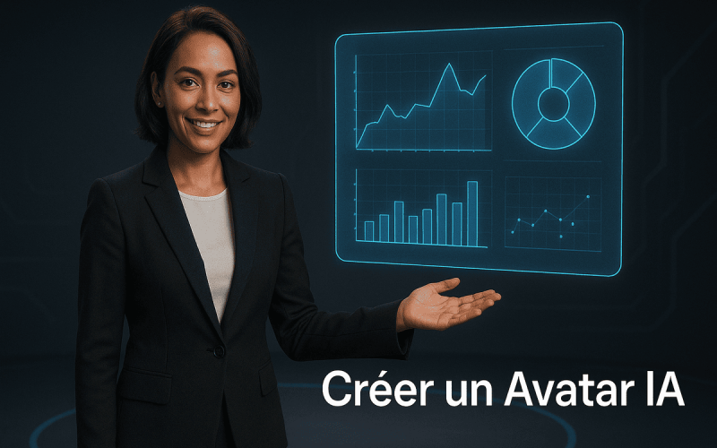 Une femme avatar IA charismatique faisant une présentation sur une scène futuriste, illustrant la création d'avatars pour des présentations uniques.